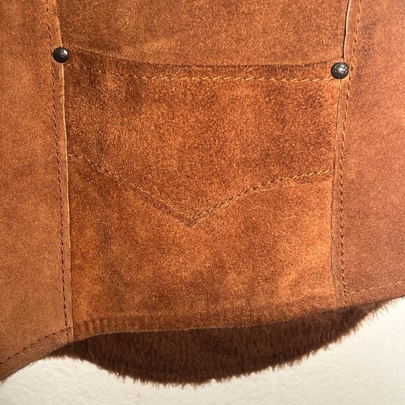 Mens Pioneer Wear Suede Leather Western Vest Size 46 Brown Snap Front Pockets - Picture 5 of 16